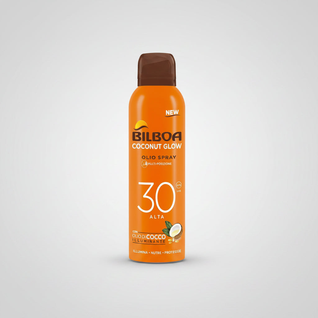 Bilboa Coconut Glow Olio Spray 30spf con Olio di Cocco Illuminante.
